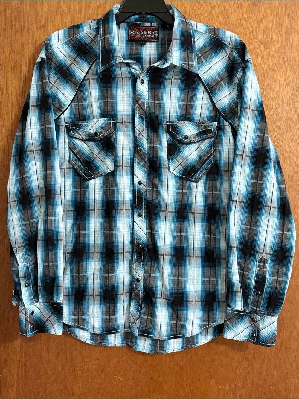 Rock & Roll Cowboy Long Sleeve Western Pearl Snap Blue Black Plaid Shirt 2XL